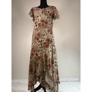 Adrianna Papell Dressbarn Woman's Brown Floral 100% Silk Lining Midi Dress sz 10
